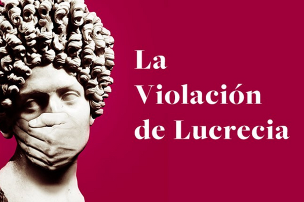 Diseño de cartelería de ''La violación de Lucrecia'' Estatua clásica de mujer con una mano tapándole la boca